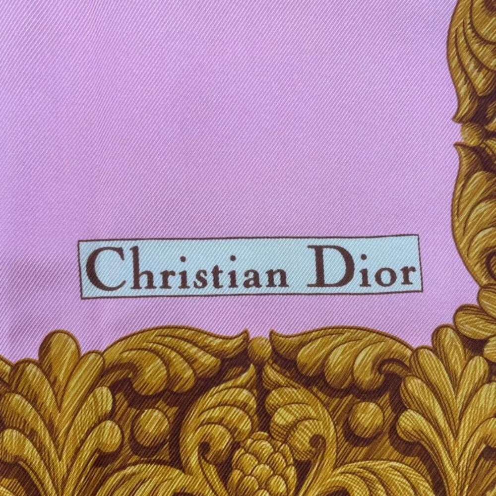 Dior Christian Scarf Silk Logo Emblem Pink Gold